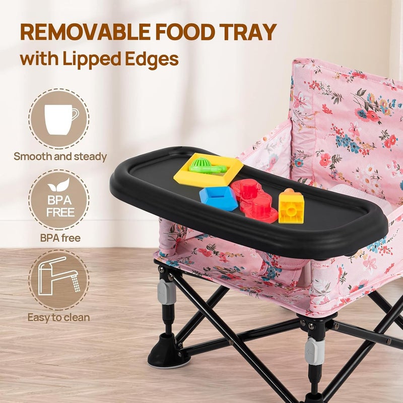 AskCat Booster Seat for Kitchen Chair with Removable Tray, Portable Foldable Baby Chair for Babies 6-36 Months, Indoor Outdoor Toddler Camping Chair (Pink Floral Design) - Image 5